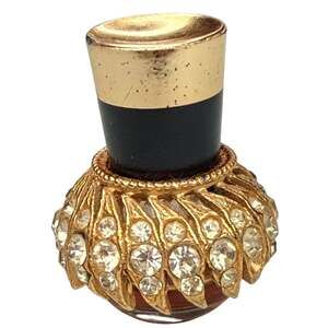Vintage Mini Perfume Bottle Gold Tone Rhinestone Ornate Vanity Decor Collectible